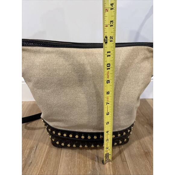 Nine West Canvas Shoulder Bag Black Patent Leather Nailhead Trim Tassle 10x12 - Picture 16 of 16